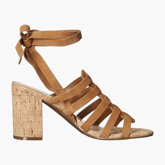 MARC FISHER "Riza" Leather Fisherman Cork Heel Ankle Wrap Sandals (Blush | 9M) - Picture 5 of 10